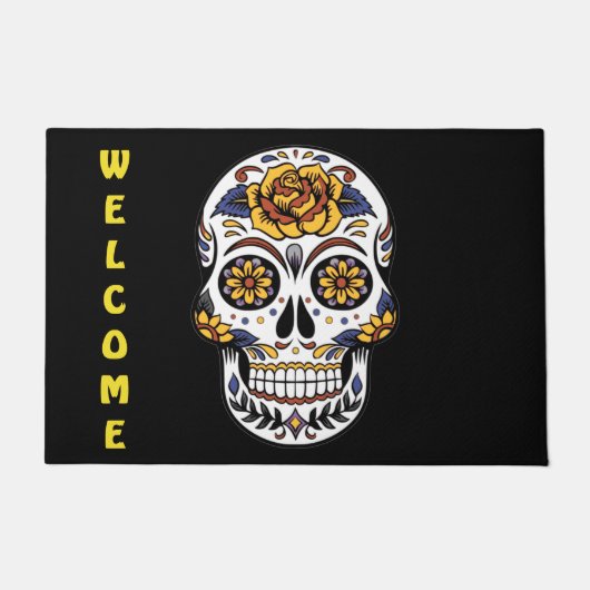 Gele Rose Sugar Skull Monogram Doormat Deurmat (Voorkant)