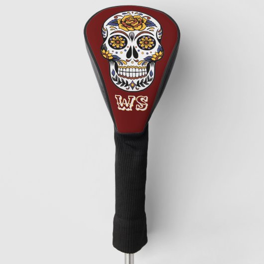 Gele Rose Sugar Skull op maroon Monogram Golfheadcover (Voorkant)