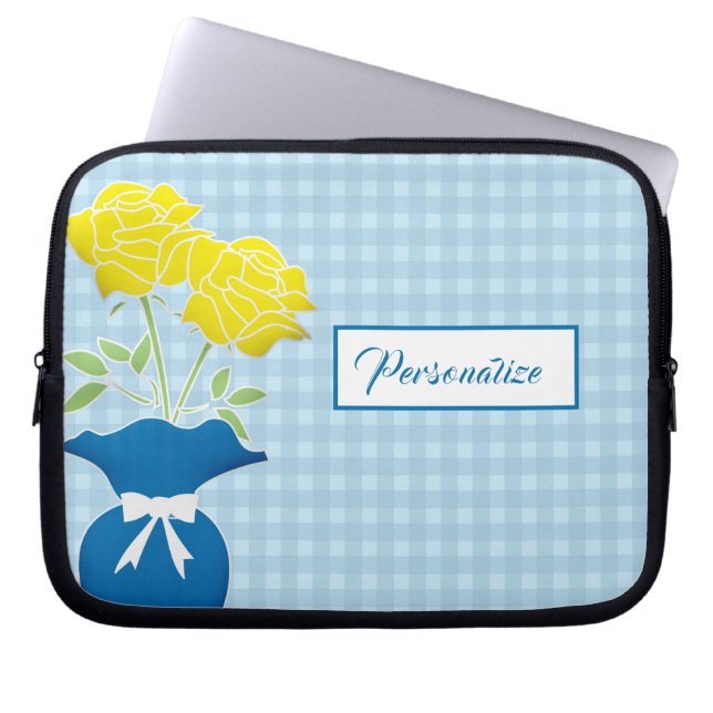 Gele Roses Blue Vase Gingham-laptop Laptop Sleeve (Voorkant)