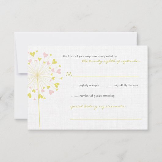 Gele roze dandelions Love Wedding RSVP Kaart (Voorkant)