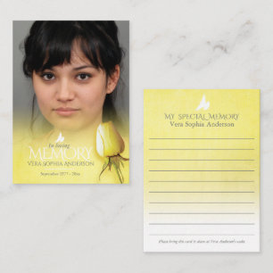 Gele roze geheugenkaart voor gedenktekens en begra notitiekaartje