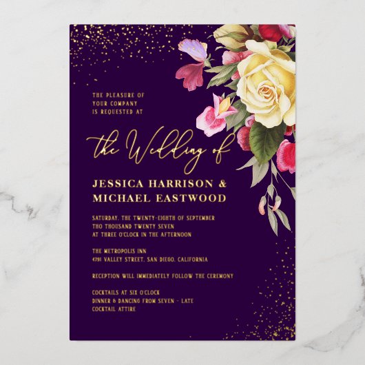 Gele Roze Paarse gouden bruiloft Folie Uitnodiging (Voorkant)