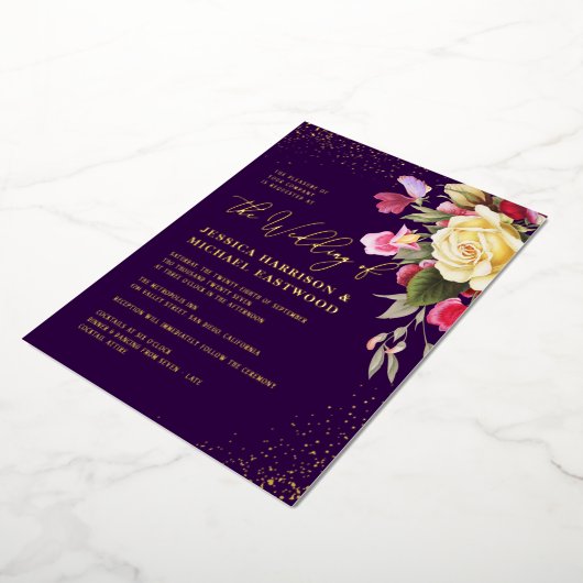 Gele Roze Paarse gouden bruiloft Folie Uitnodiging (Gedraaid)