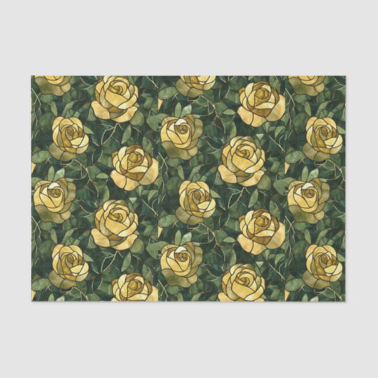 Gele rozen en groen Glas in lood effect Tissuepapier (Voorkant)