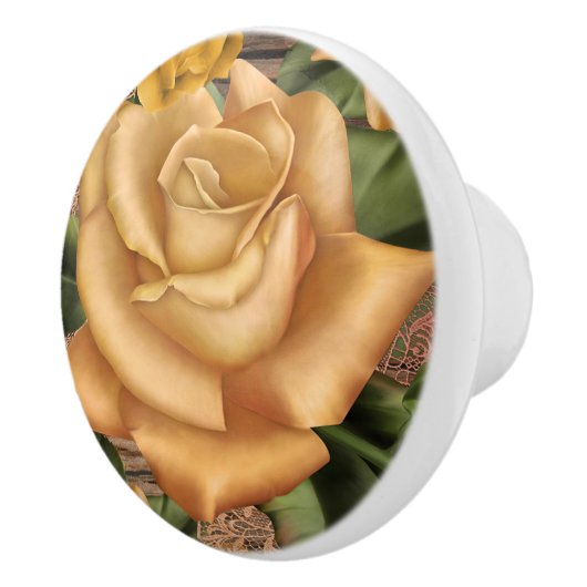 Gele rozen en landstaal Roesthout in soedan Keramische Knop (Rechts)