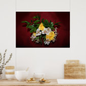 Gele rozen en Lilacs op rood Poster (Keuken)