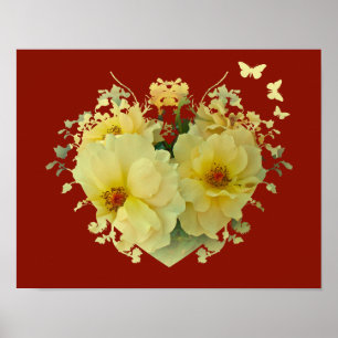 Gele Rozen Hart op Rode Poster