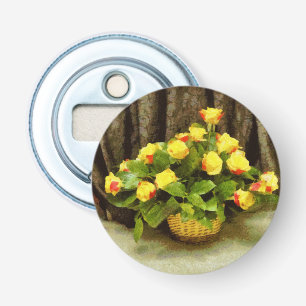 Gele rozen mand schilderij button flesopener