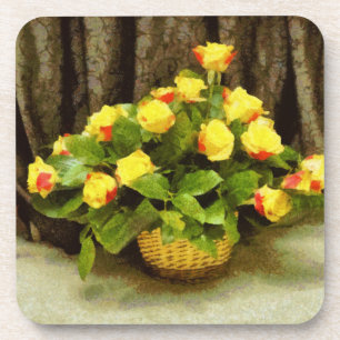 Gele rozen mand schilderij drankjes onderzetter