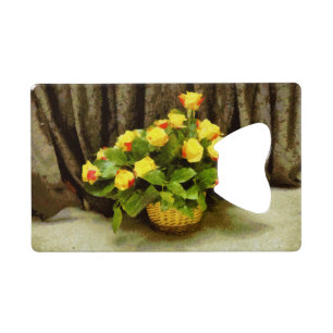 Gele rozen mand schilderij kredietkaart flessenopener
