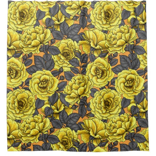 Gele rozen met grijze bladeren op sinaasappel douchegordijn (Voorkant)