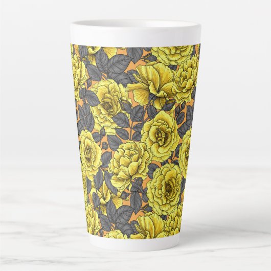 Gele rozen met grijze bladeren op sinaasappel latte mok (Voorkant)