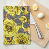 Gele rozen met grijze bladeren op sinaasappel theedoek (Quarter Fold)