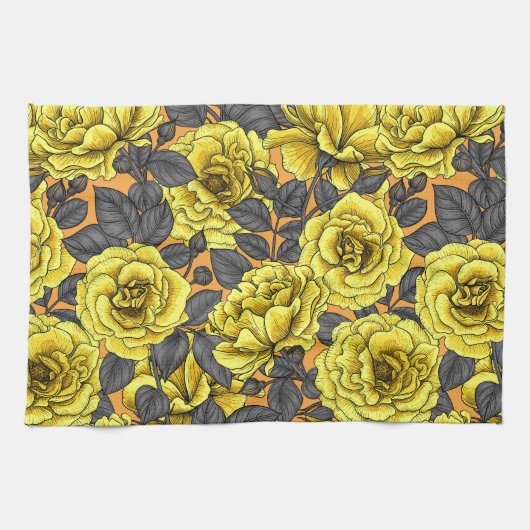 Gele rozen met grijze bladeren op sinaasappel theedoek (Horizontaal)