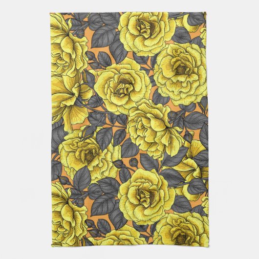 Gele rozen met grijze bladeren op sinaasappel theedoek (Verticaal)