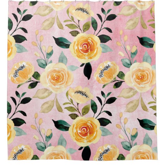 Gele rozen op vervaagd koraal douchegordijn (Voorkant)