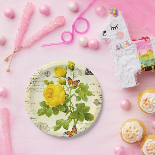  gele rozen papieren bordje (Feest)