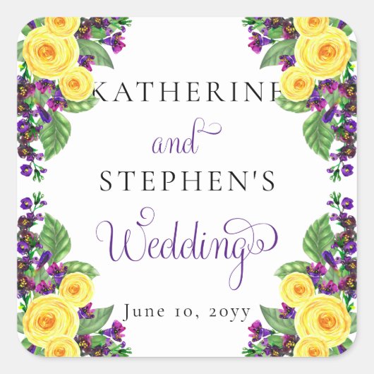 Gele rozen | Violets Boho Floral Wedding Vierkante Sticker (Voorkant)