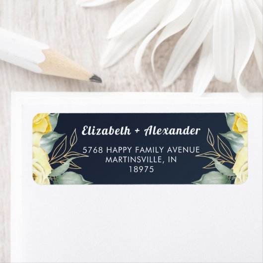 Gele rozen waterverf romantisch klassiek marinebla etiket (Insitu)