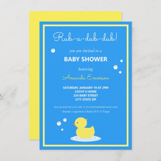 Gele Rubber Duck Baby shower Uitnodiging (Voorkant / Achterkant)