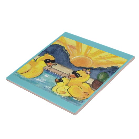 Gele Rubber Duck Familie in Pool Tegel Trivet Tegeltje (Zijkant)