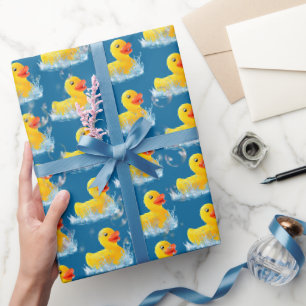 Gele rubber eenden met belletjes cadeaupapier