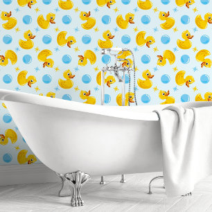 Gele Rubber Eenden Op Blauwe Achtergrond Met Blauw Behang