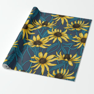 Gele Rudbekia op marine Cadeaupapier