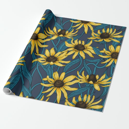Gele Rudbekia op marine Cadeaupapier (Uitgerold)
