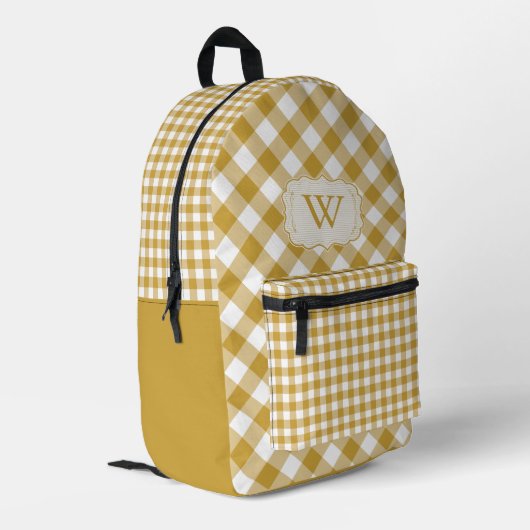 Gele Saffraan Mustard Gingham monogrammed Bedrukte Rugzak (Achterkant Hoek Links)