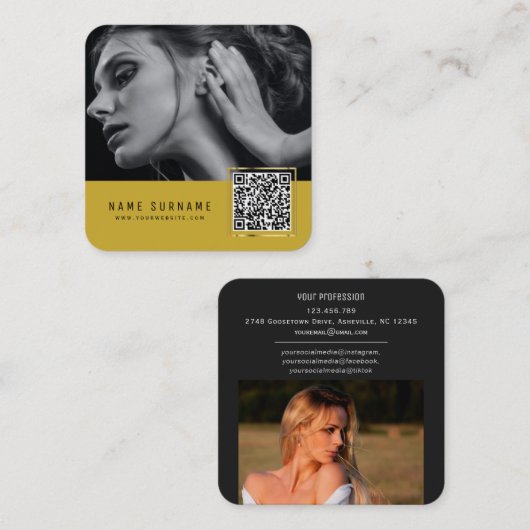 Gele scannbare streepjescode QR-codefoto Vierkante Visitekaartje (Voorkant / Achterkant)