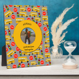 Gele school Bus Kindergarten Afstuderen Fotoplaat