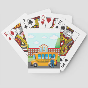 Gele schoolbus met bestuurder en schoolgebouw pokerkaarten