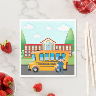 Gele schoolbus met bestuurder en schoolgebouw servet