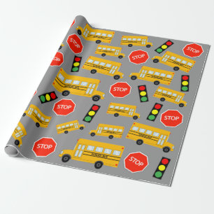 Gele schoolbus Stop Sign Traffic Lights Patroon Cadeaupapier