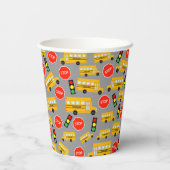 Gele schoolbus stoppen verkeerslicht papieren bekers (Achterkant)