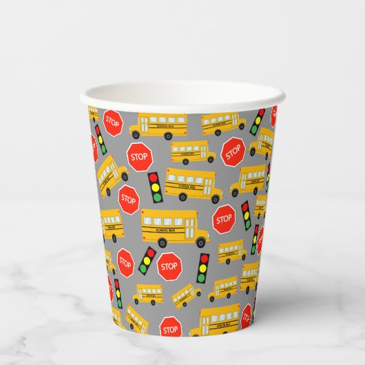 Gele schoolbus stoppen verkeerslicht papieren bekers (Achterkant)
