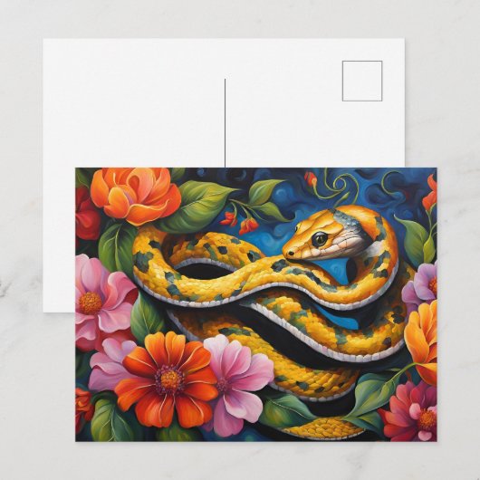 Gele slang in de levendige kleurrijke bloementuin briefkaart (Voorkant / Achterkant)