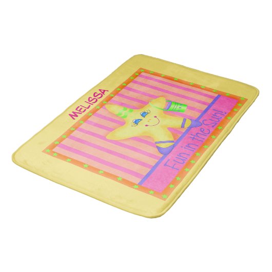 Gele Starfish Fun in Sun Beach Name Persoonlijk Badmat (Gekanteld)