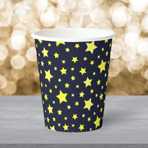 Gele sterren en donkerblauw patroon papieren bekers