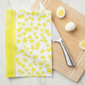 Gele sterren Witte BG, Gele naam Monogram Theedoek (Quarter Fold)
