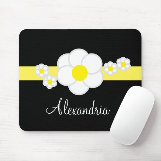 Gele Streep Daisy Zwart Wit Elegant Script Muismat (Met muis)