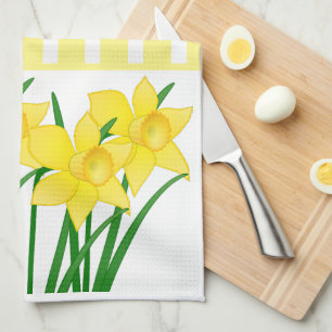 Gele strepen met lente narcissen theedoek