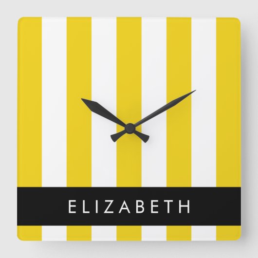 Gele strepen, streeppatroon, lijnen, Jouw naam Vierkante Klok (Voorkant)