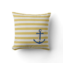 Gele Strip Nautical Pillow met Blue Anchor