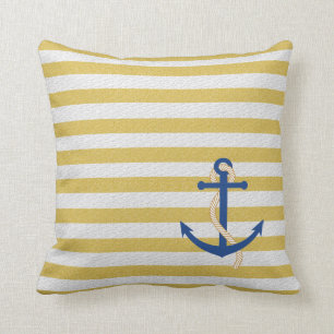 Gele Strip Nautical Pillow met Blue Anchor Kussen