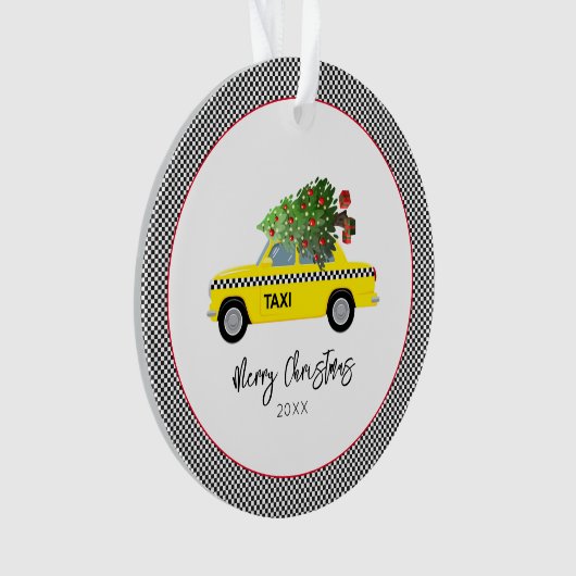 Gele Taxi Cab Checkerboard Merry kerstboom Ornament (voorkant)