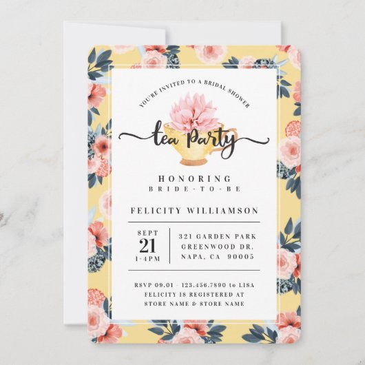 Gele Teacup Tea Party Bridal Shower Uitnodiging (Voorkant)
