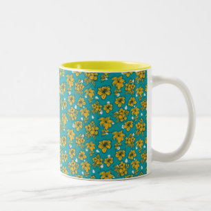 Gele Teal Bloemen Patroon Tweekleurige Koffiemok