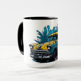 Gele & Teal Vintage verf spat auto Mok